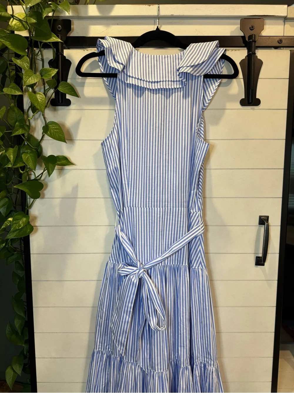 Ralph Lauren Blue and White Striped Ruffle Tie-Waist Midi Dress